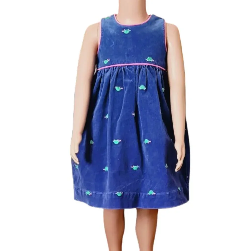 Girl's Vintage Blue Corduroy Dress 3T Pink Embroidered Turtle Girls Jumper